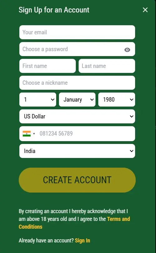 Jumba Bet Casino Signup Page